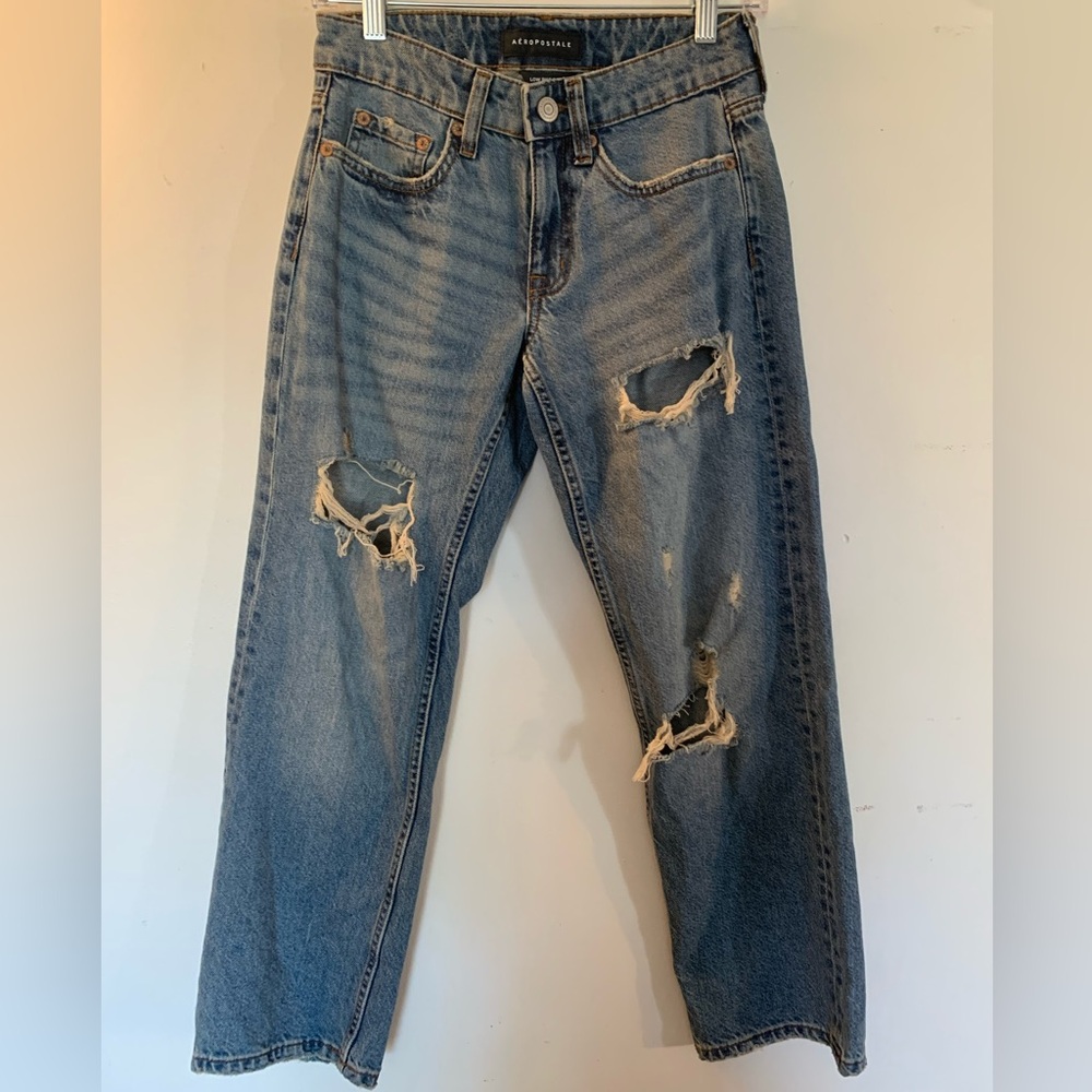 Aeropostale 000 XXS Short Low Rise Baggy Distressed Denim Jeans - Picture 4 of 10